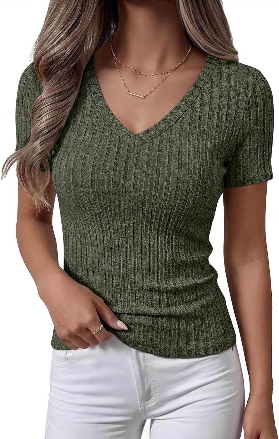 ANRABESS Womens Tops Short Sleeve V Neck Shirts Slim Fit Ribbed Knit Shirt 2026 Summer Dressy Casual Lightweight Sweaters