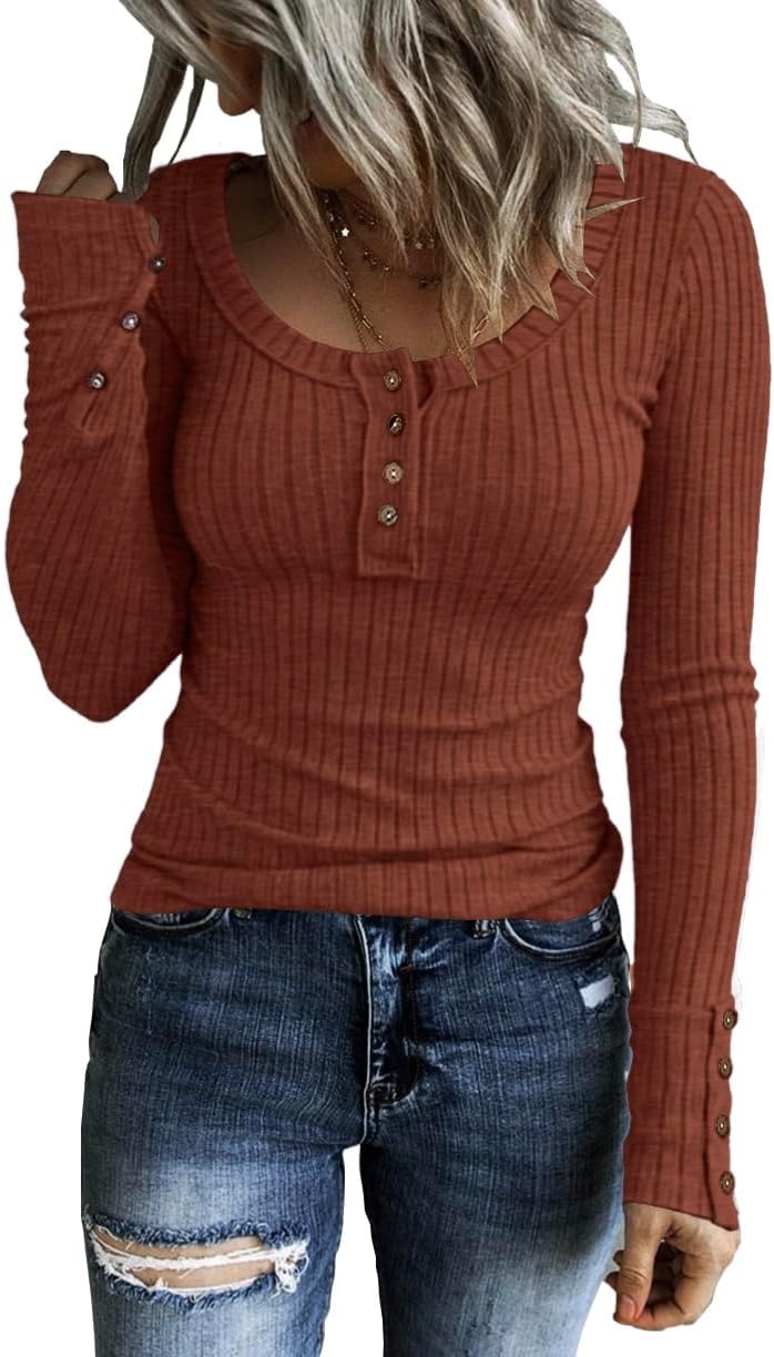 KINLONSAIR Women’s Long Sleeve Henley T Shirts Button Down Slim Fit Tops Scoop Neck Ribbed Knit Shirts