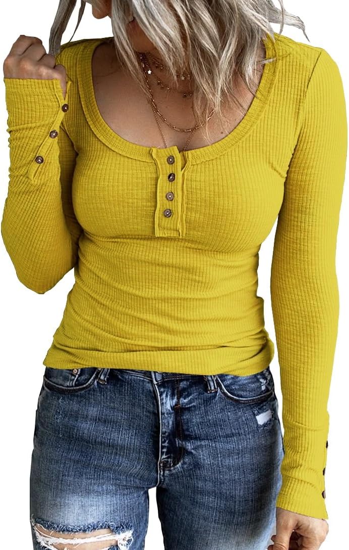 KINLONSAIR Women’s Long Sleeve Henley T Shirts Button Down Slim Fit Tops Scoop Neck Ribbed Knit Shirts