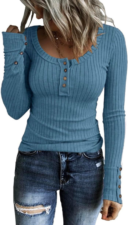 KINLONSAIR Women’s Long Sleeve Henley T Shirts Button Down Slim Fit Tops Scoop Neck Ribbed Knit Shirts