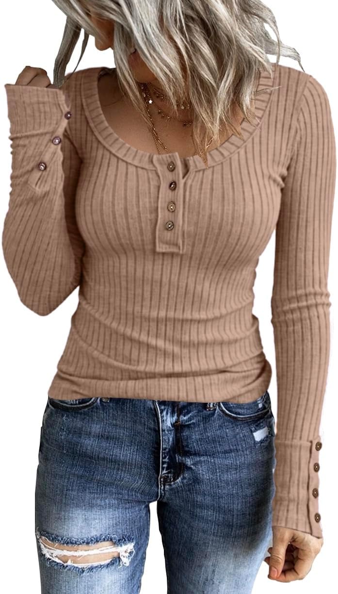 KINLONSAIR Women’s Long Sleeve Henley T Shirts Button Down Slim Fit Tops Scoop Neck Ribbed Knit Shirts