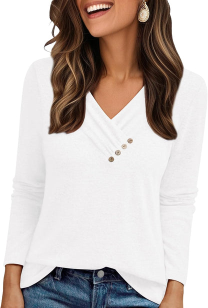 AUTOMET Womens Long Sleeve Tunic Top V Neck Button Shirts 2026 Dressy Casual Business Blouses