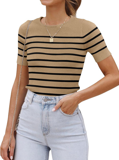 ZESICA Women's Striped Short Sleeve T Shirt 2026 Summer Crewneck Ribbed Knit Fitted Casual Basic Tee Tops Going Out Outfits