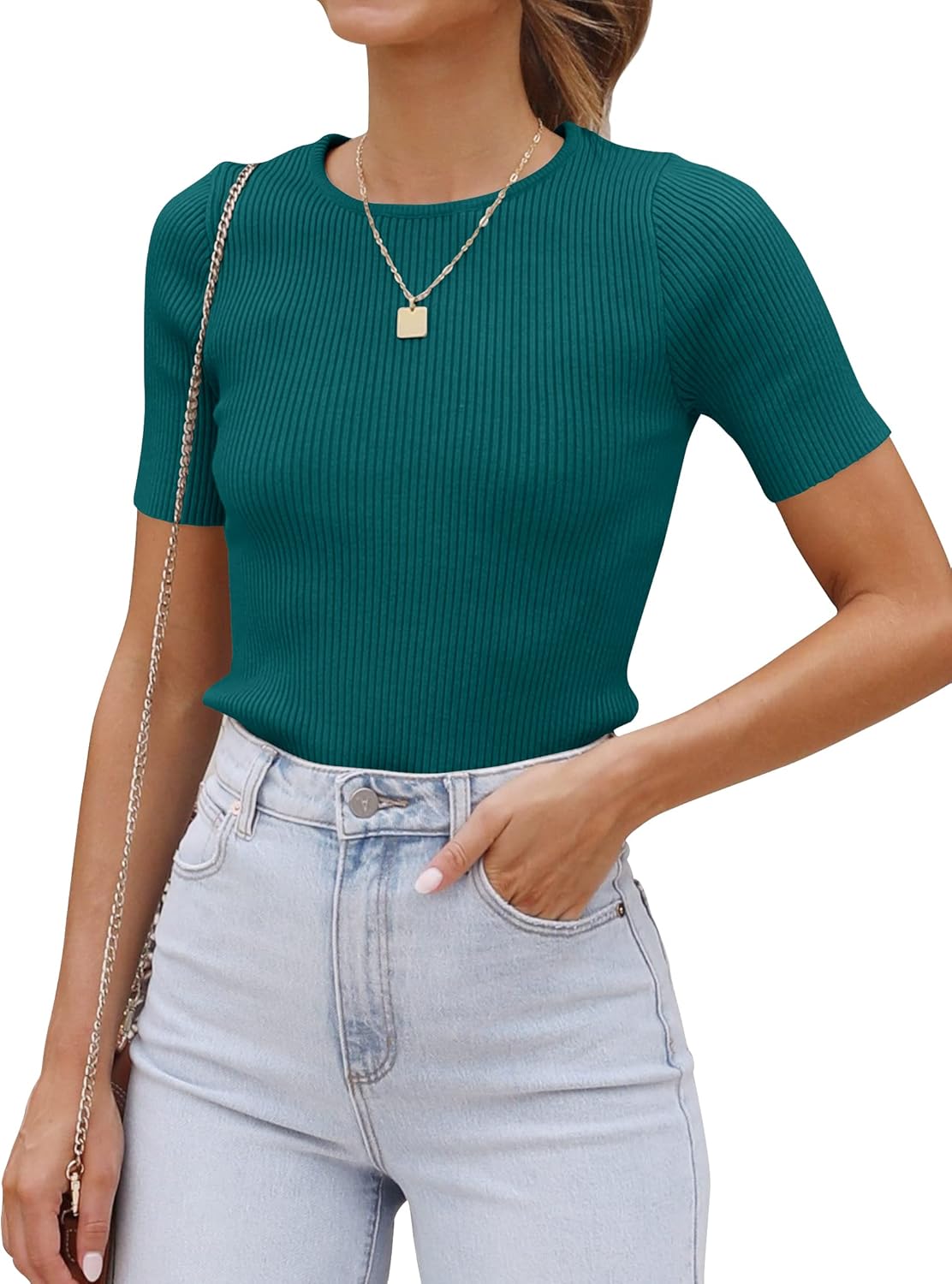 ZESICA Women's Short Sleeve Sweater Tops 2026 Summer Crewneck T Shirt Ribbed Knit Slim Fit Basic Solid Color Tee
