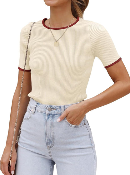 ZESICA Women's Short Sleeve Sweater Tops 2026 Summer Crewneck T Shirt Ribbed Knit Slim Fit Basic Solid Color Tee