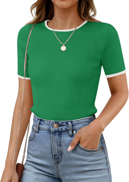 ZESICA Women's Short Sleeve Sweater Tops 2026 Summer Crewneck T Shirt Ribbed Knit Slim Fit Basic Solid Color Tee