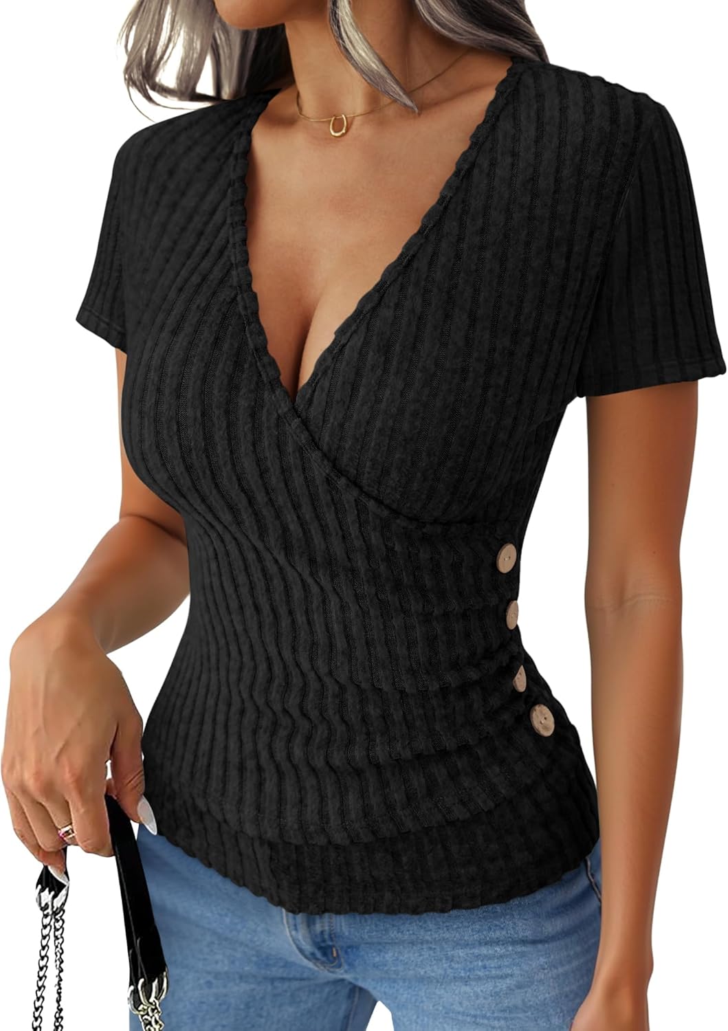 ANRABESS Womens Tops Short Sleeve V Neck Sexy Ribbed Knit Slim Fit Lightweight Sweater 2026 Summer Dressy Casual T-Shirts