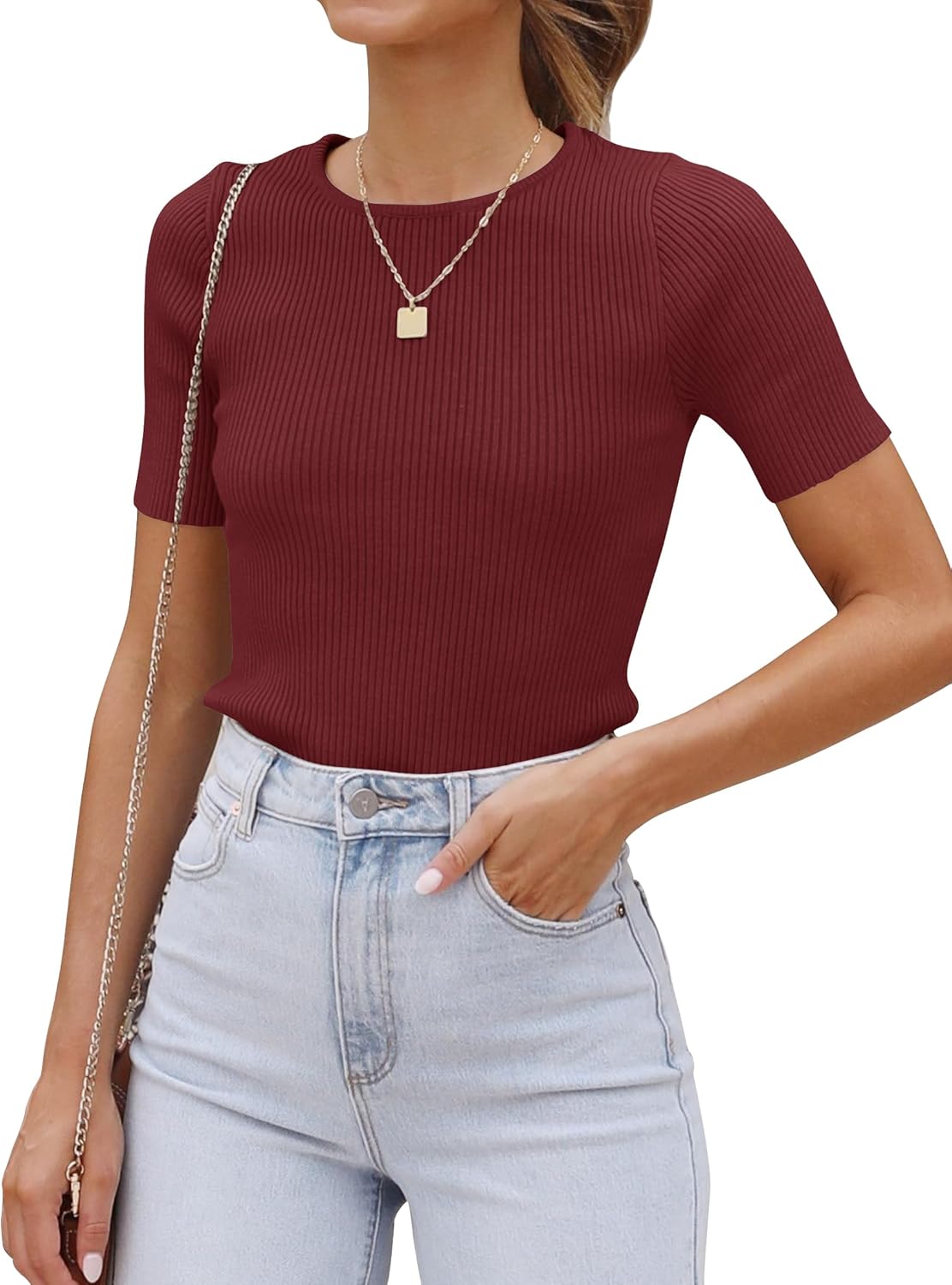 ZESICA Women's Short Sleeve Sweater Tops 2026 Summer Crewneck T Shirt Ribbed Knit Slim Fit Basic Solid Color Tee