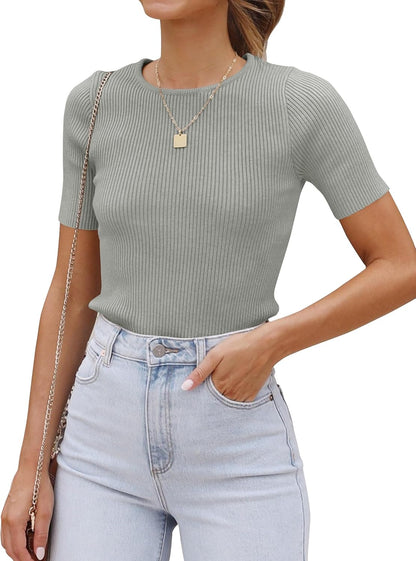 ZESICA Women's Short Sleeve Sweater Tops 2026 Summer Crewneck T Shirt Ribbed Knit Slim Fit Basic Solid Color Tee