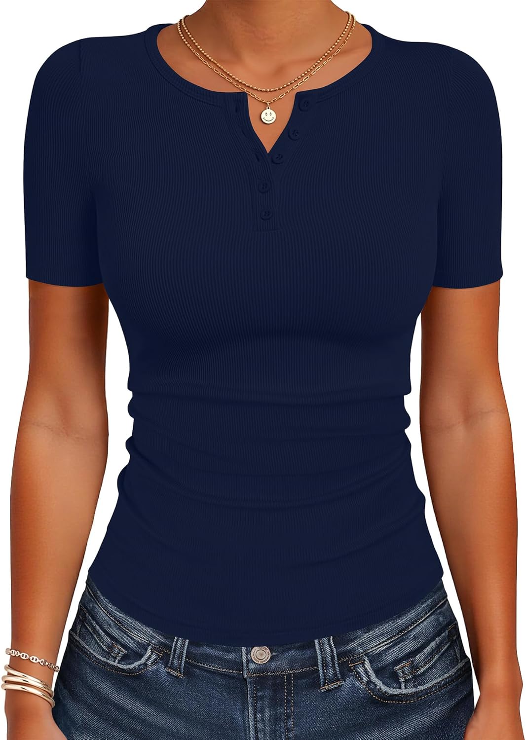ANRABESS Womens Tops Short Sleeve Henley Shirts 2026 Summer Ribbed Slim Fit Basic Casual Tee Blouse Trendy Spring Clothing