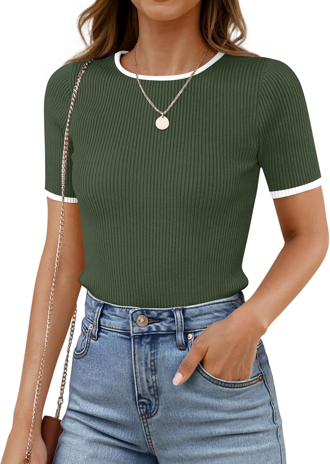 ZESICA Women's Summer Short Sleeve Ribbed Knit Slim Fit T Shirt 2026 Crewneck Basic Casual Color Block Tee Tops