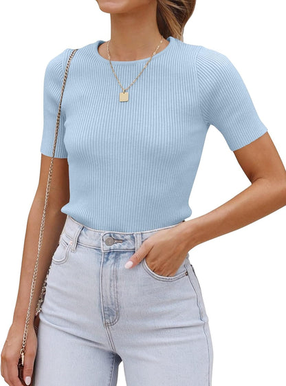 ZESICA Women's Short Sleeve Sweater Tops 2026 Summer Crewneck T Shirt Ribbed Knit Slim Fit Basic Solid Color Tee
