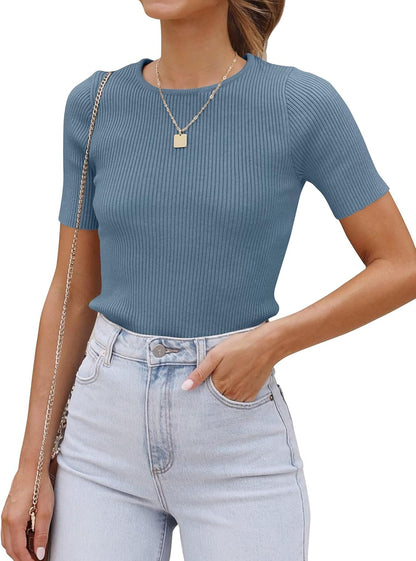 ZESICA Women's Short Sleeve Sweater Tops 2026 Summer Crewneck T Shirt Ribbed Knit Slim Fit Basic Solid Color Tee