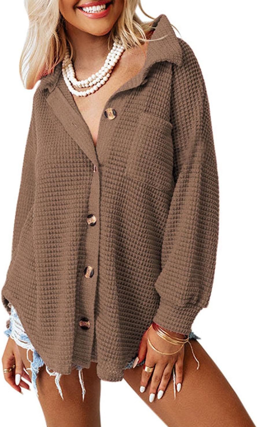 Dokotoo Womens Waffle Knit Shacket Jacket Casual Long Sleeve Button Down Shirts Dressy Blouses Tops