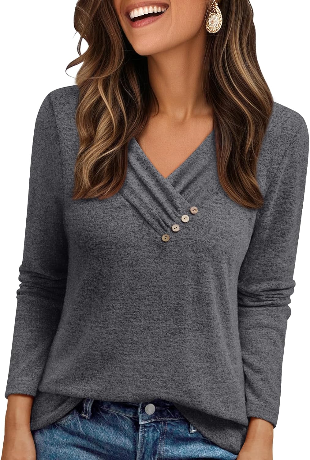 AUTOMET Womens Long Sleeve Tunic Top V Neck Button Shirts 2026 Dressy Casual Business Blouses