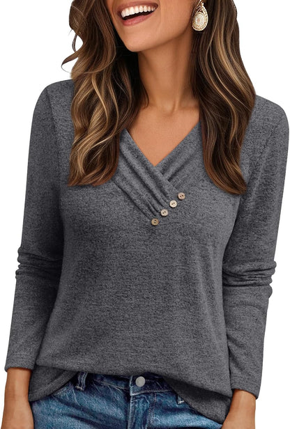AUTOMET Womens Long Sleeve Tunic Top V Neck Button Shirts 2026 Dressy Casual Business Blouses