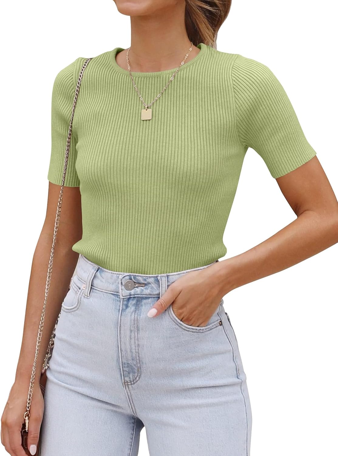 ZESICA Women's Short Sleeve Sweater Tops 2026 Summer Crewneck T Shirt Ribbed Knit Slim Fit Basic Solid Color Tee