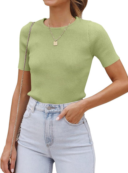 ZESICA Women's Short Sleeve Sweater Tops 2026 Summer Crewneck T Shirt Ribbed Knit Slim Fit Basic Solid Color Tee