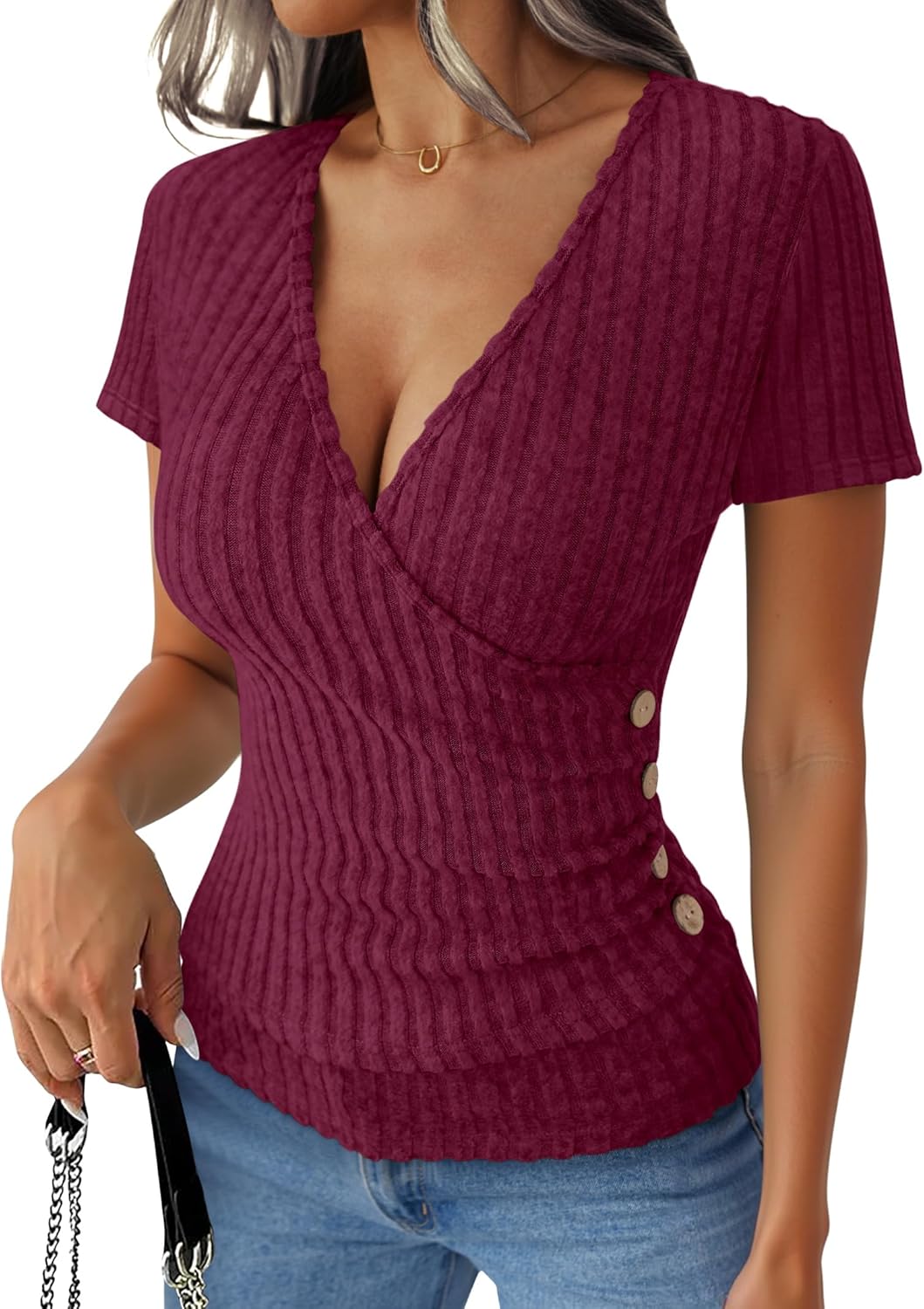 ANRABESS Womens Tops Short Sleeve V Neck Sexy Ribbed Knit Slim Fit Lightweight Sweater 2026 Summer Dressy Casual T-Shirts