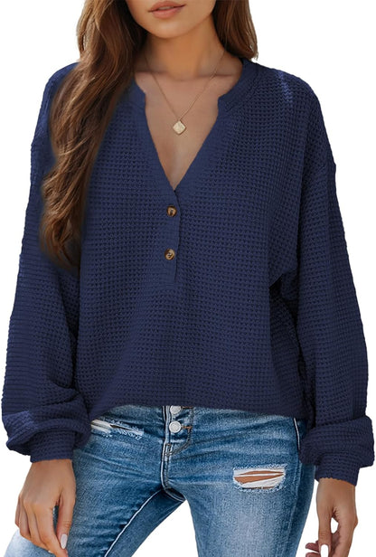 Dokotoo Womens Waffle Knit Tops 2026 Dressy Casual Button Shirts Long Sleeve V Neck Blouses Basic Tee