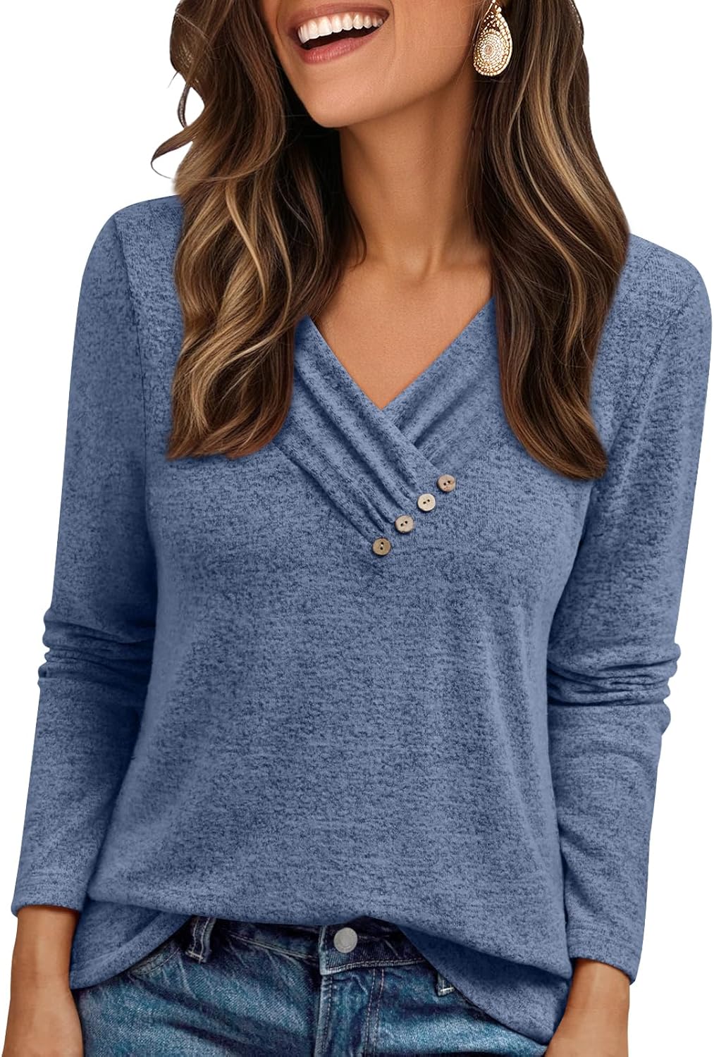 AUTOMET Womens Long Sleeve Tunic Top V Neck Button Shirts 2026 Dressy Casual Business Blouses