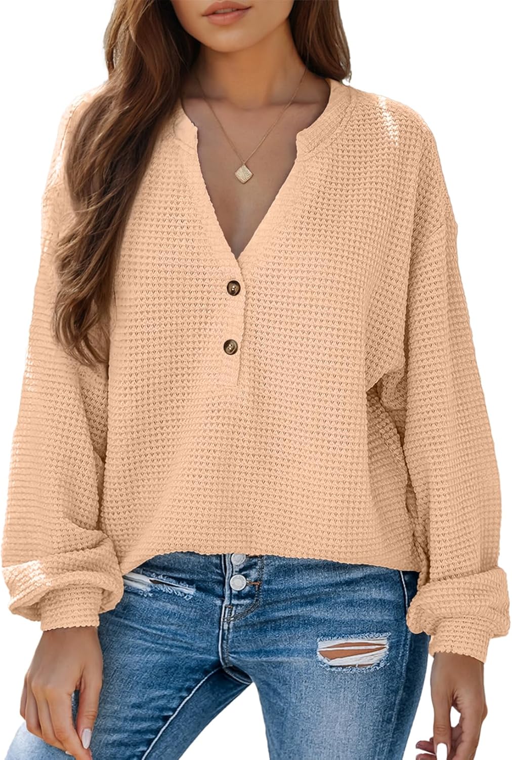 Dokotoo Womens Waffle Knit Tops 2026 Dressy Casual Button Shirts Long Sleeve V Neck Blouses Basic Tee