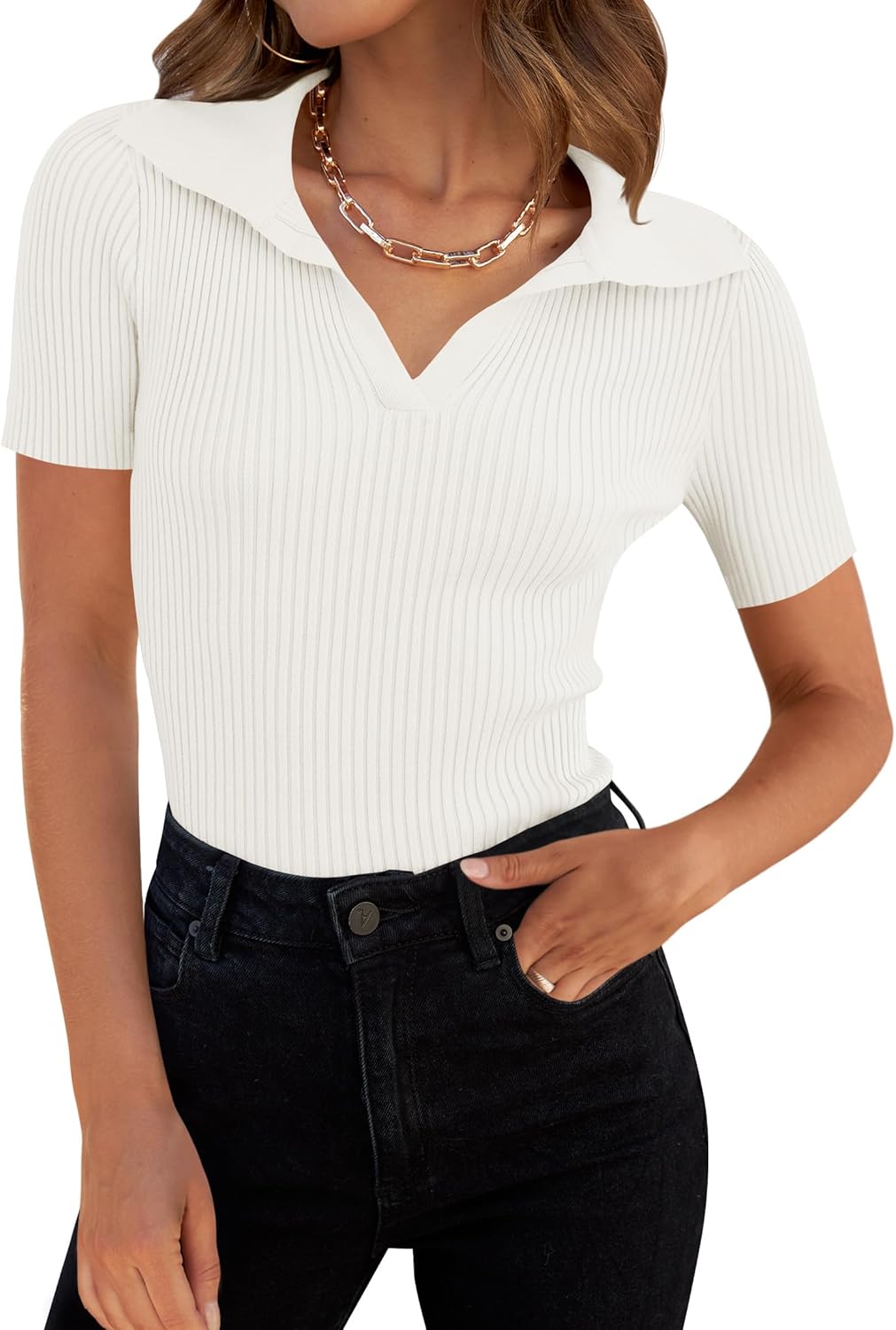 ZESICA Women's Short Sleeve V Neck T Shirts 2026 Summer Ribbed Knit Slim Fitted Basic Solid Color Tee Tops