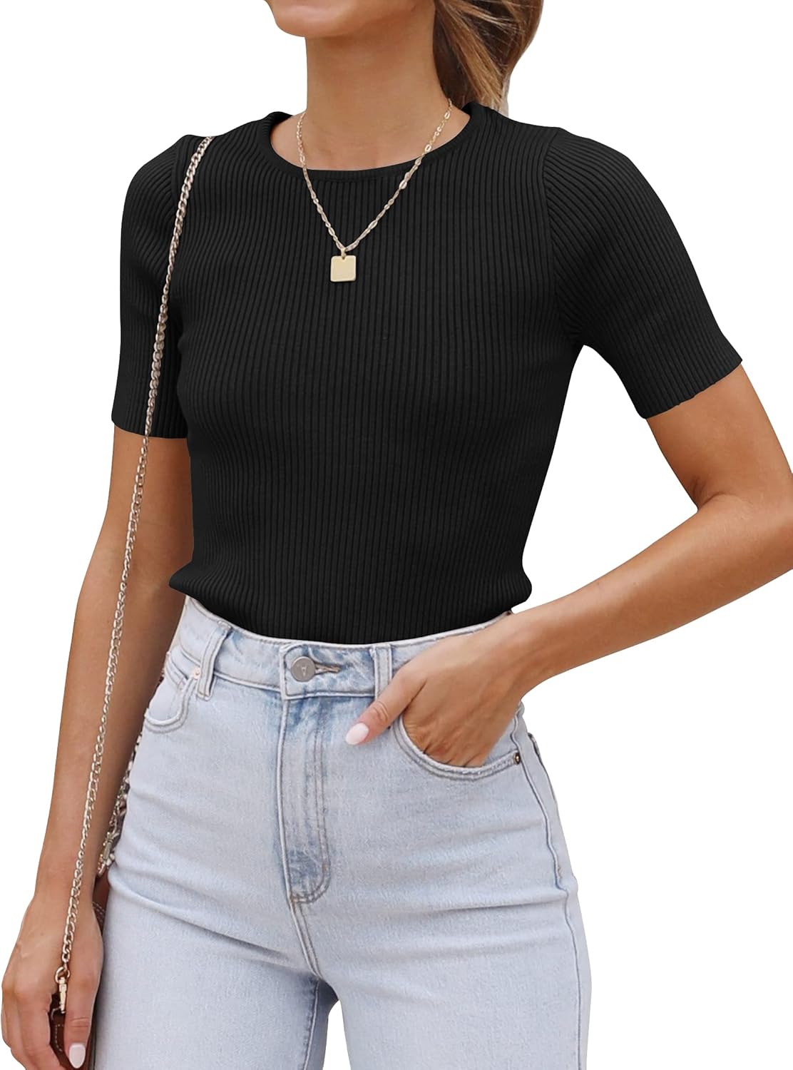 ZESICA Women's Short Sleeve Sweater Tops 2026 Summer Crewneck T Shirt Ribbed Knit Slim Fit Basic Solid Color Tee
