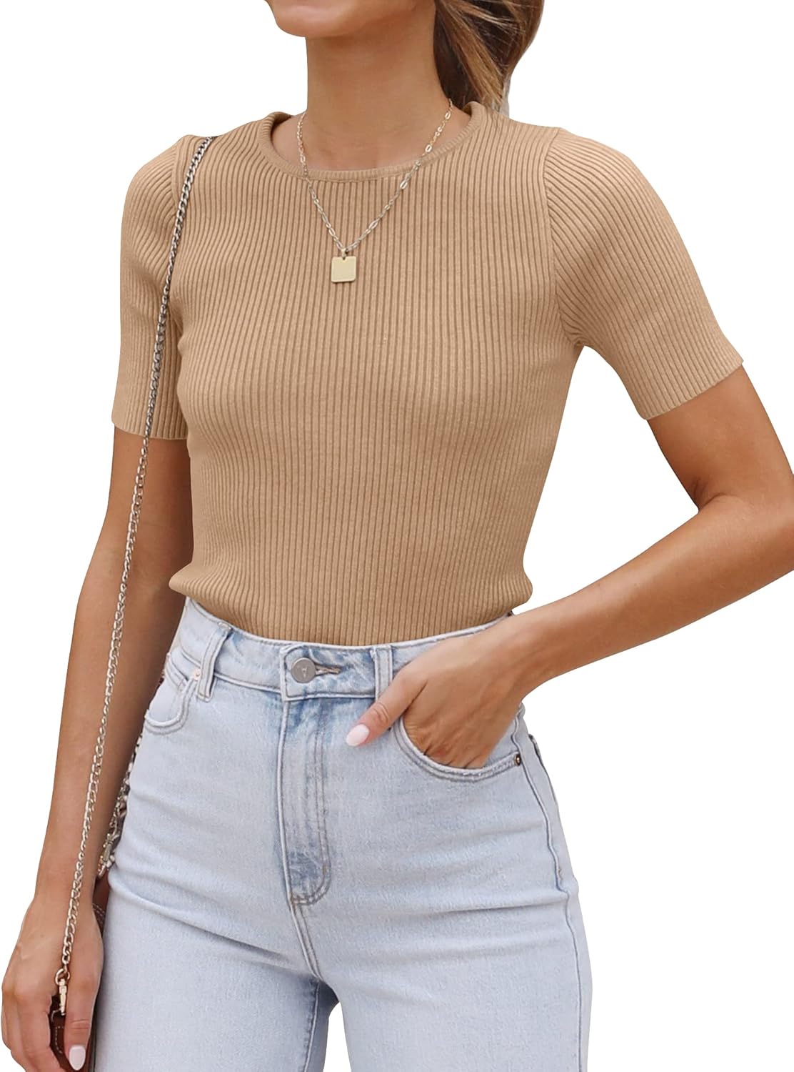 ZESICA Women's Short Sleeve Sweater Tops 2026 Summer Crewneck T Shirt Ribbed Knit Slim Fit Basic Solid Color Tee