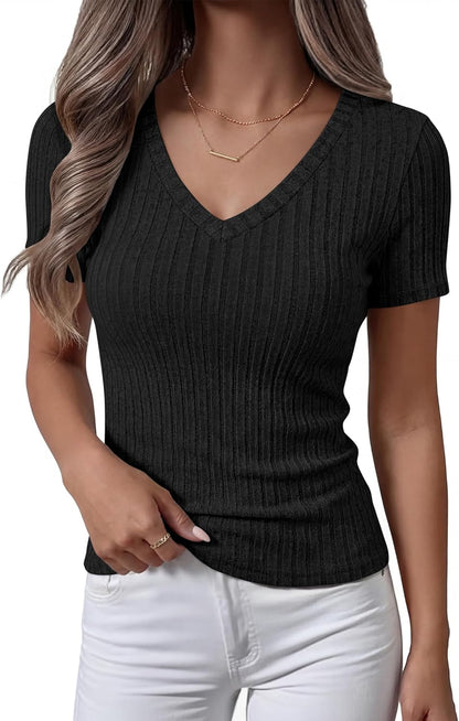 ANRABESS Womens Tops Short Sleeve V Neck Shirts Slim Fit Ribbed Knit Shirt 2026 Summer Dressy Casual Lightweight Sweaters