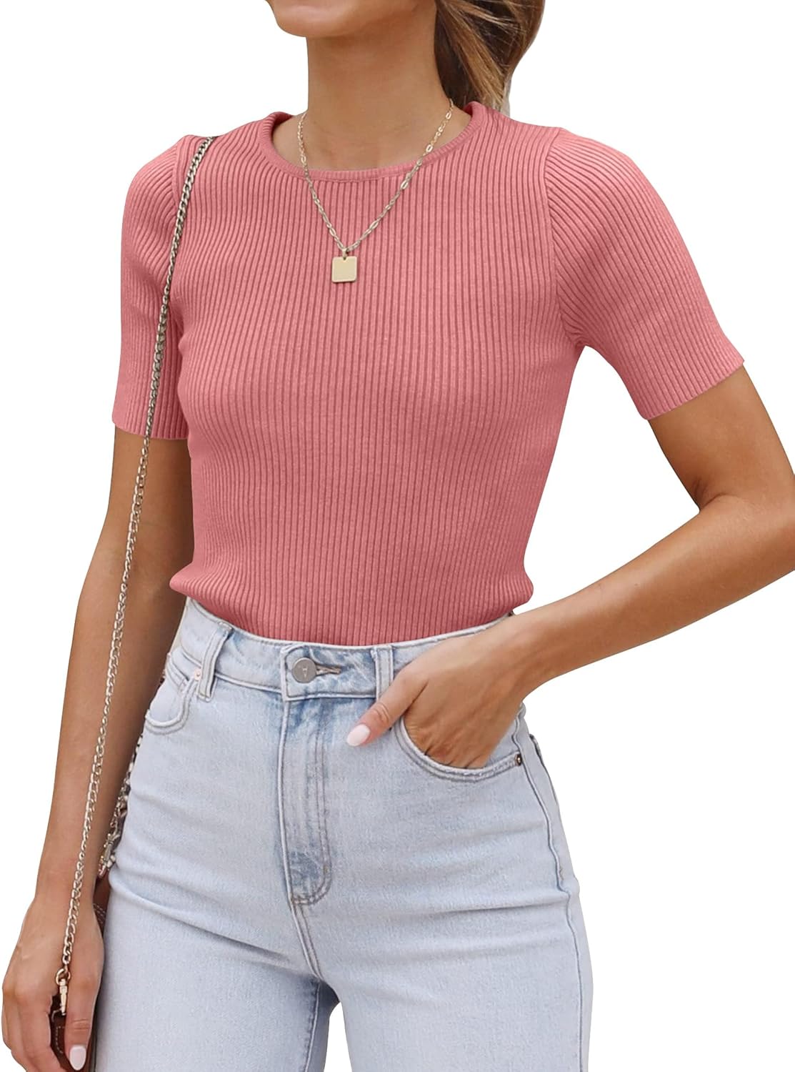 ZESICA Women's Short Sleeve Sweater Tops 2026 Summer Crewneck T Shirt Ribbed Knit Slim Fit Basic Solid Color Tee