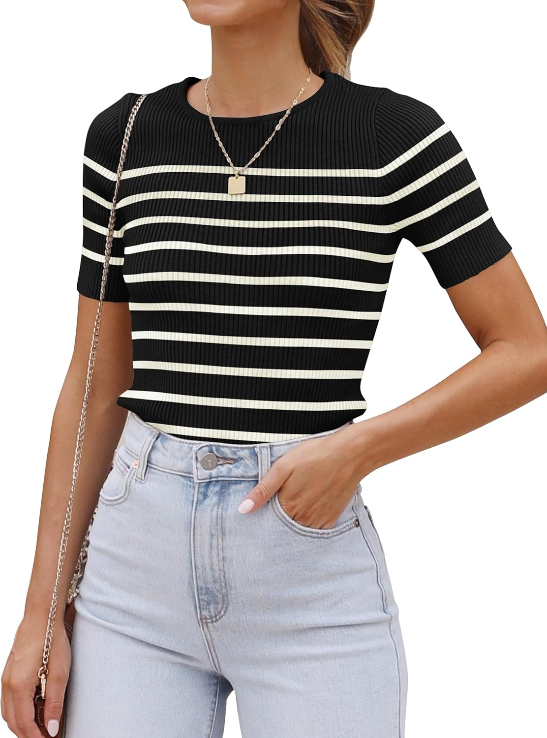 ZESICA Women's Striped Short Sleeve T Shirt 2026 Summer Crewneck Ribbed Knit Fitted Casual Basic Tee Tops Going Out Outfits