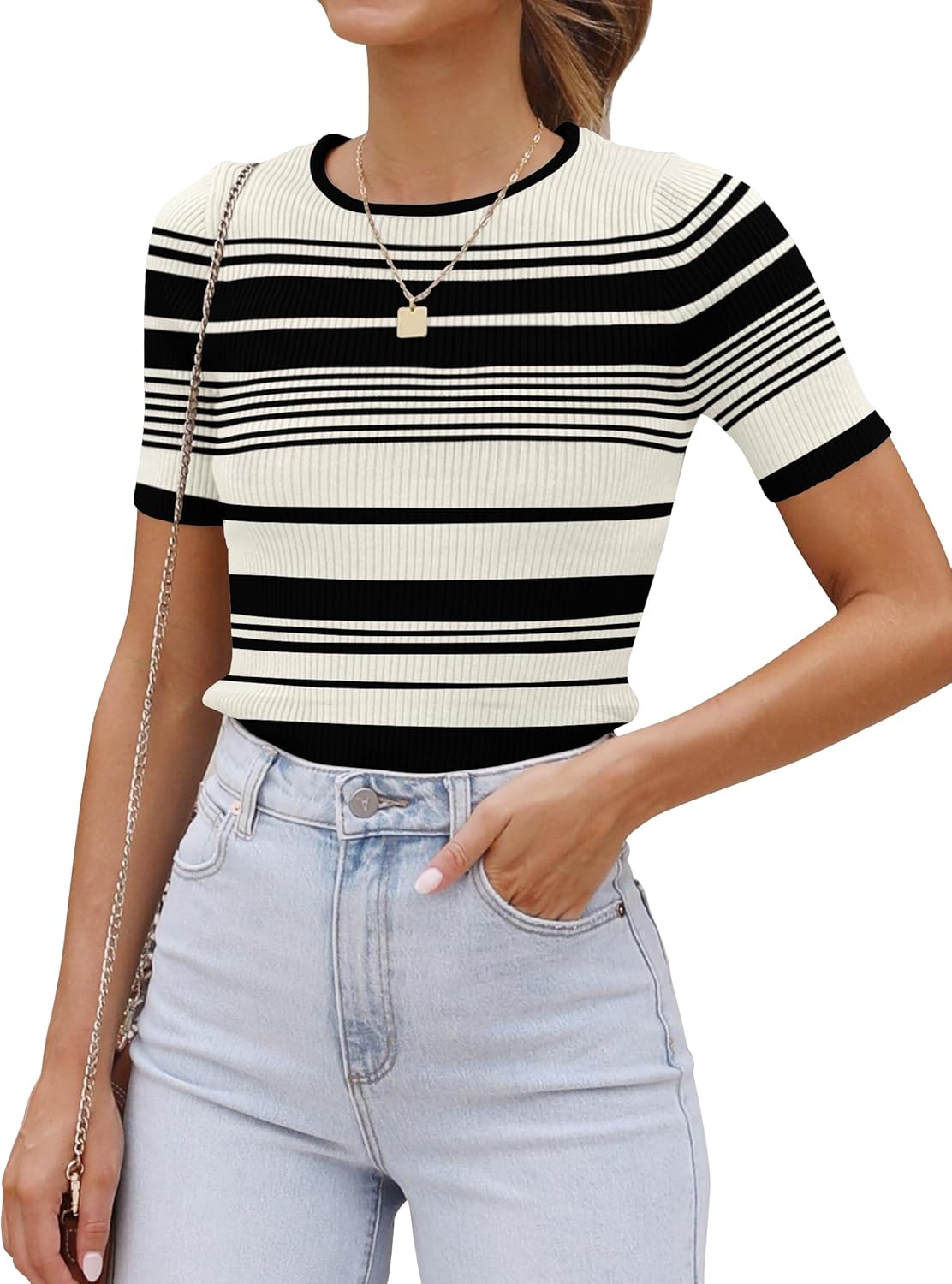 ZESICA Women's Striped Short Sleeve T Shirt 2026 Summer Crewneck Ribbed Knit Fitted Casual Basic Tee Tops Going Out Outfits