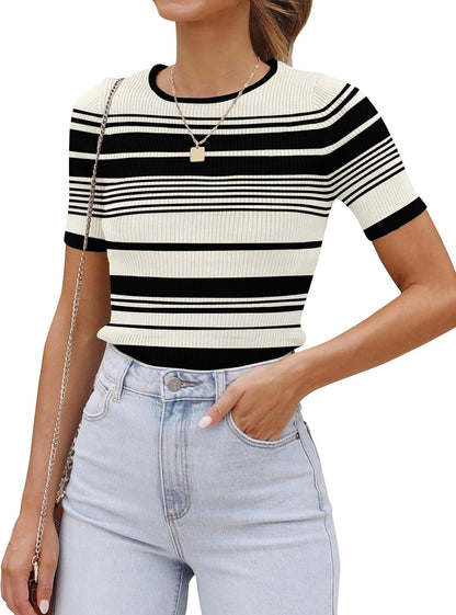 ZESICA Women's Striped Short Sleeve T Shirt 2026 Summer Crewneck Ribbed Knit Fitted Casual Basic Tee Tops Going Out Outfits