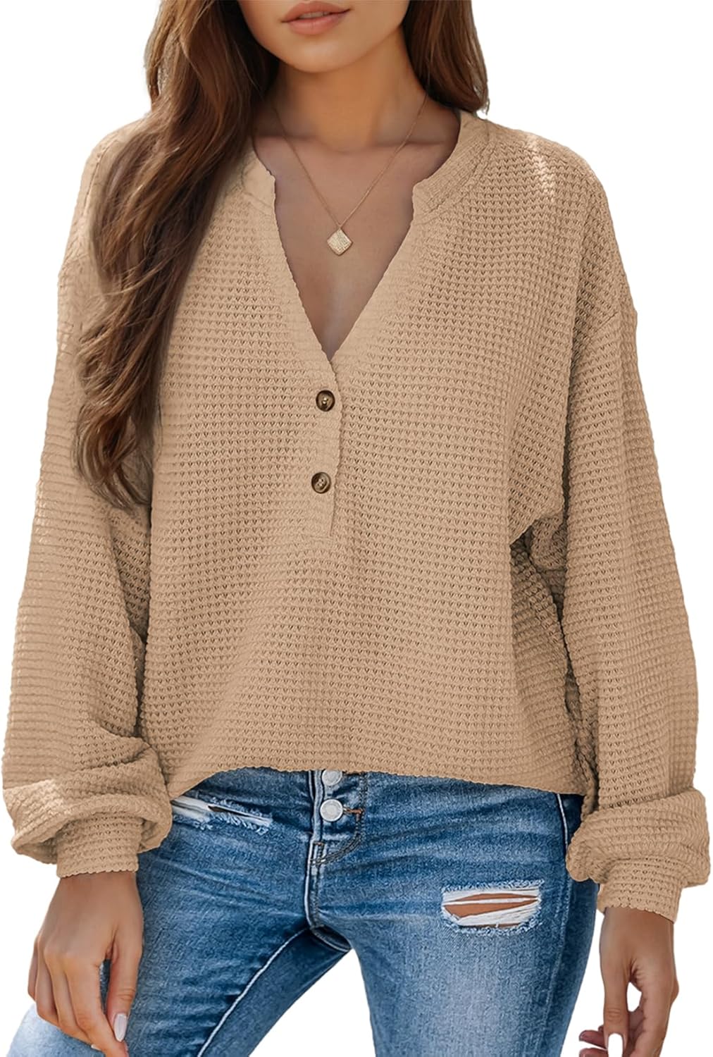 Dokotoo Womens Waffle Knit Tops 2026 Dressy Casual Button Shirts Long Sleeve V Neck Blouses Basic Tee