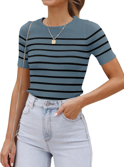 ZESICA Women's Striped Short Sleeve T Shirt 2026 Summer Crewneck Ribbed Knit Fitted Casual Basic Tee Tops Going Out Outfits