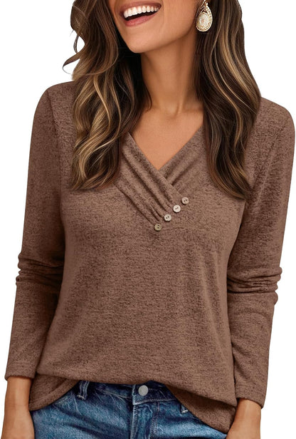 AUTOMET Womens Long Sleeve Tunic Top V Neck Button Shirts 2026 Dressy Casual Business Blouses