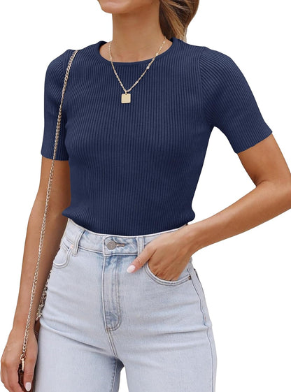 ZESICA Women's Short Sleeve Sweater Tops 2026 Summer Crewneck T Shirt Ribbed Knit Slim Fit Basic Solid Color Tee