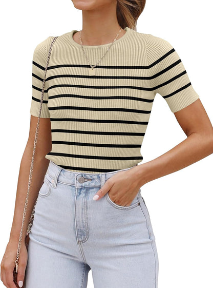ZESICA Women's Striped Short Sleeve T Shirt 2026 Summer Crewneck Ribbed Knit Fitted Casual Basic Tee Tops Going Out Outfits