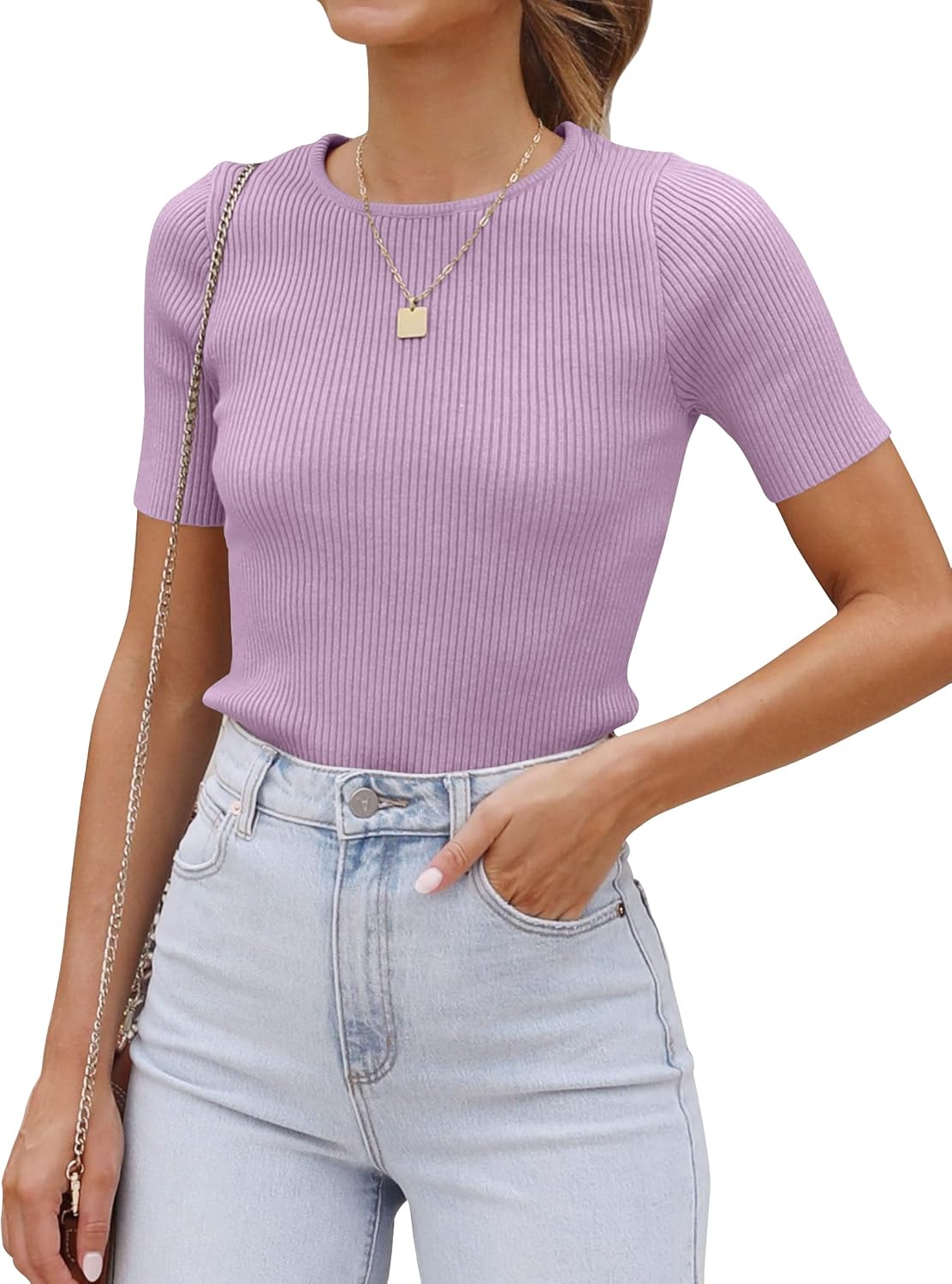 ZESICA Women's Short Sleeve Sweater Tops 2026 Summer Crewneck T Shirt Ribbed Knit Slim Fit Basic Solid Color Tee