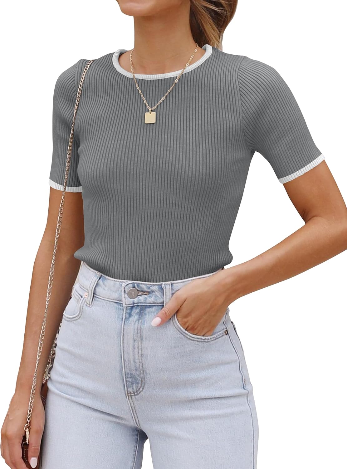 ZESICA Women's Short Sleeve Sweater Tops 2026 Summer Crewneck T Shirt Ribbed Knit Slim Fit Basic Solid Color Tee