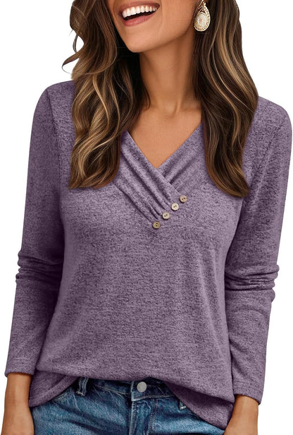 AUTOMET Womens Long Sleeve Tunic Top V Neck Button Shirts 2026 Dressy Casual Business Blouses