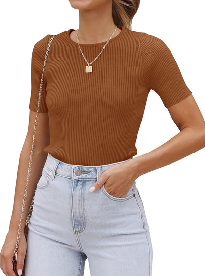 ZESICA Women's Short Sleeve Sweater Tops 2026 Summer Crewneck T Shirt Ribbed Knit Slim Fit Basic Solid Color Tee