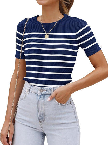 ZESICA Women's Striped Short Sleeve T Shirt 2026 Summer Crewneck Ribbed Knit Fitted Casual Basic Tee Tops Going Out Outfits