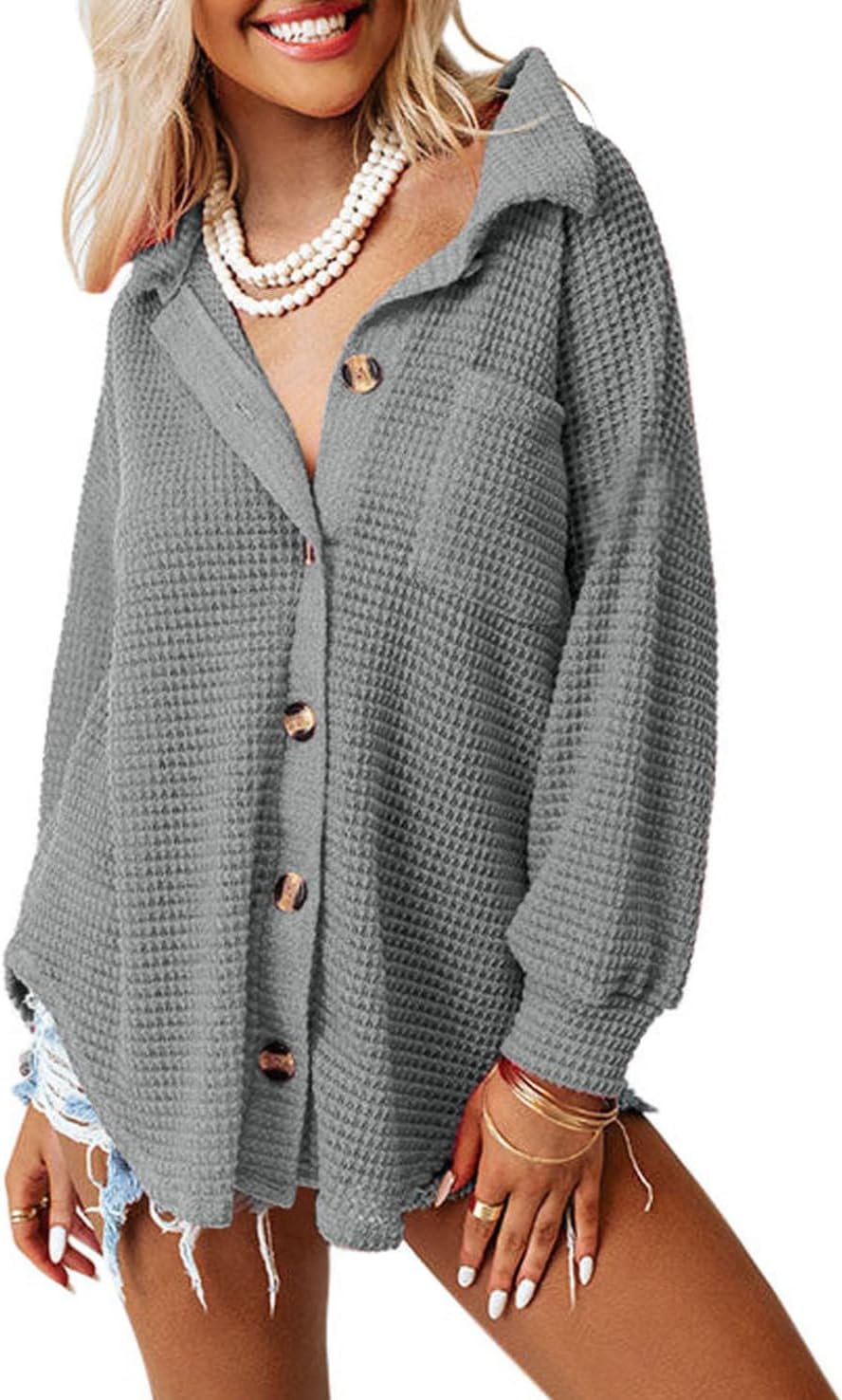 Dokotoo Womens Waffle Knit Shacket Jacket Casual Long Sleeve Button Down Shirts Dressy Blouses Tops