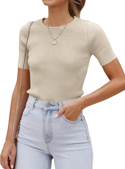 ZESICA Women's Short Sleeve Sweater Tops 2026 Summer Crewneck T Shirt Ribbed Knit Slim Fit Basic Solid Color Tee