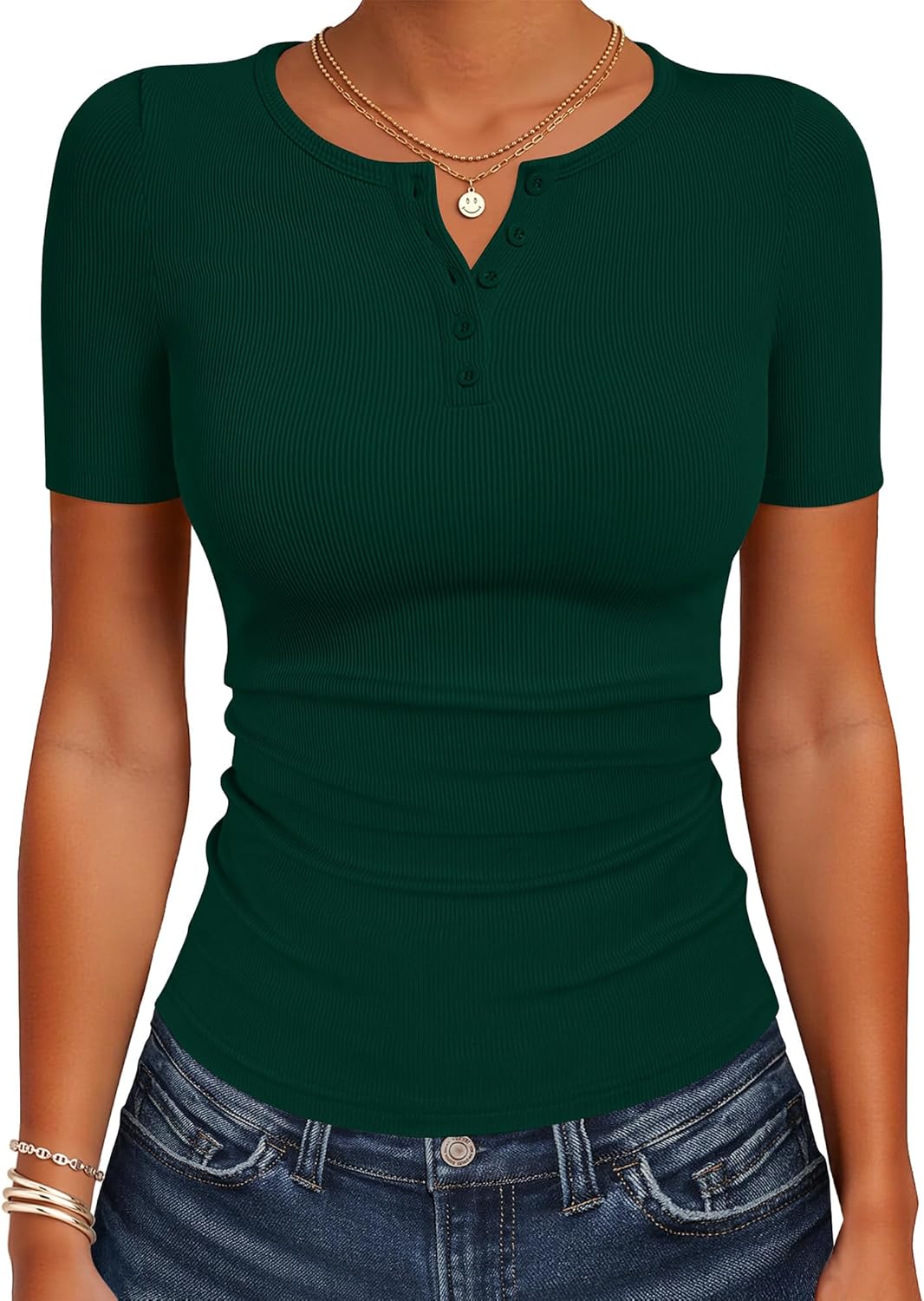 ANRABESS Womens Tops Short Sleeve Henley Shirts 2026 Summer Ribbed Slim Fit Basic Casual Tee Blouse Trendy Spring Clothing