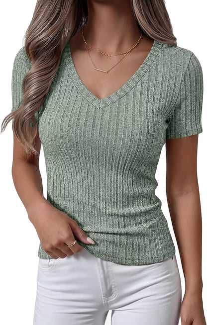 ANRABESS Womens Tops Short Sleeve V Neck Shirts Slim Fit Ribbed Knit Shirt 2026 Summer Dressy Casual Lightweight Sweaters