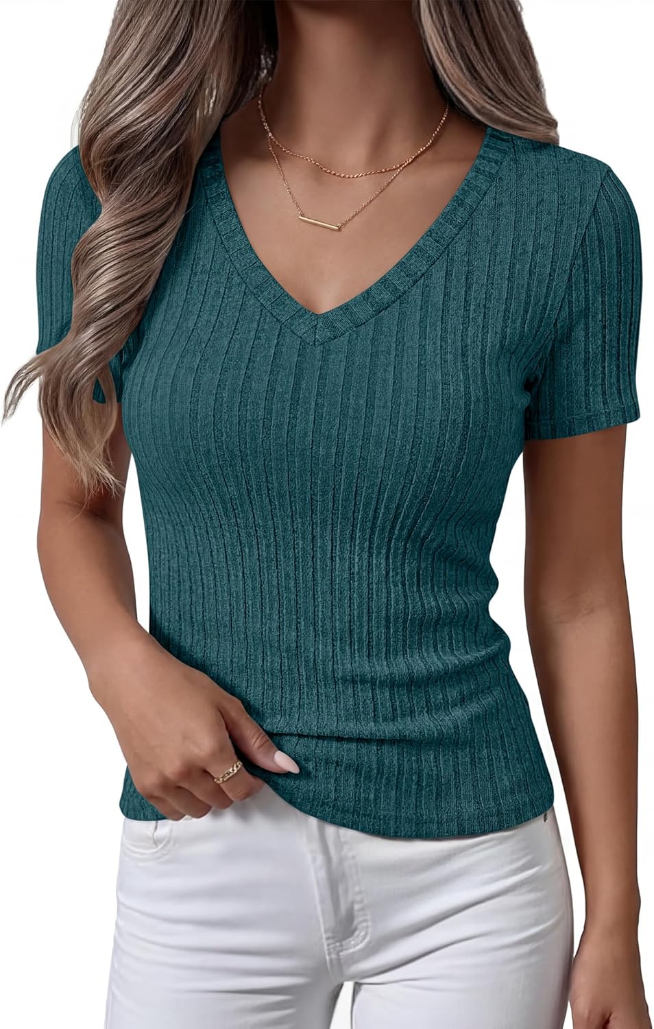 ANRABESS Womens Tops Short Sleeve V Neck Shirts Slim Fit Ribbed Knit Shirt 2026 Summer Dressy Casual Lightweight Sweaters