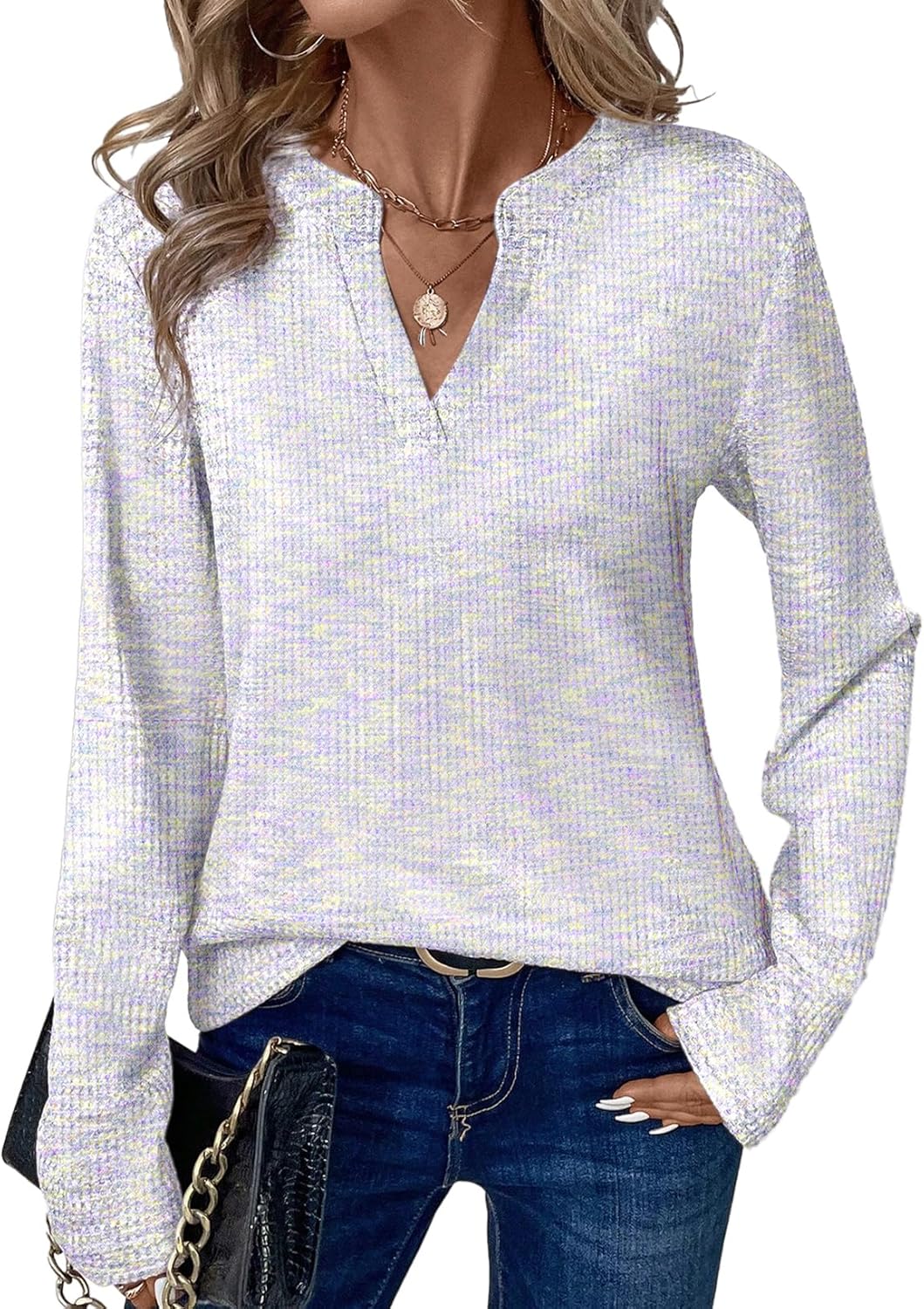 Dokotoo Womens Waffle Knit Tops V Neck Long Sleeve Henley Shirts Spring Fashion 2026 Dresy Casual Blouses